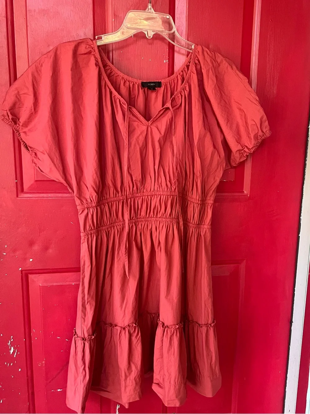 J. Crew Cinch Waist Puff Sleeve 100% Cotton Mini Dress Blush Red rusty